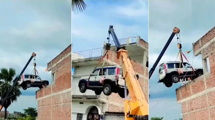 चोरीको डरले स्कर्पियो छतमै पार्क ! क्रेनले उचालेपछि भिडियो भाइरल